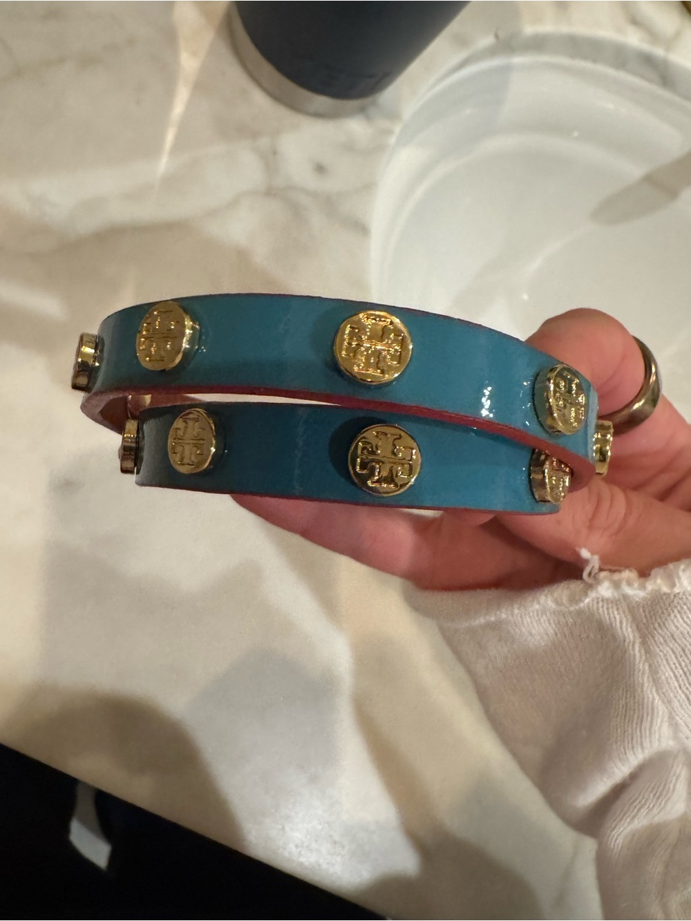 Tory Burch Teal Double-Wrap Logo Stud Bracelet with Gold Accents